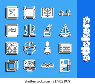 Set line Open book, Chalkboard, Graph, schedule, chart, diagram, Equation solution, Ringing bell, Geometric figure Square and  icon. Vector