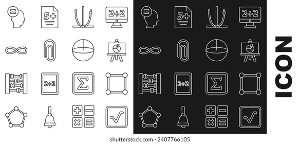 Set line Open book, Chalkboard with diagram, XYZ Coordinate system, Ringing bell, Book word mathematics, Function mathematical symbol, Test exam sheet and Calculator icon. Vector