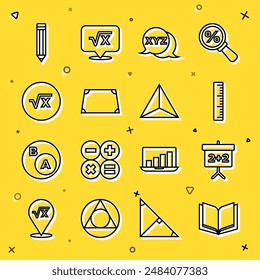 Set line Open book, Chalkboard, Ruler, XYZ Coordinate system, Acute trapezoid shape, Square root of x glyph, Pencil and Geometric figure Tetrahedron icon. Vector