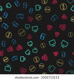 Set line Open book, Computer monitor, Pencil and Medal with star on seamless pattern. Vector