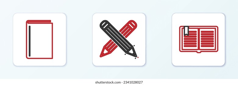 Set line Open book, Book and Crossed pencil icon. Vector