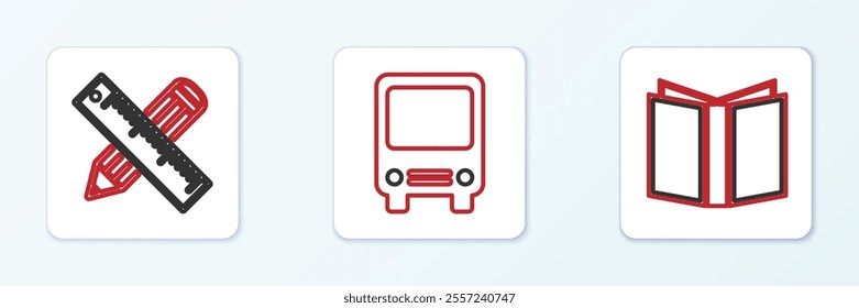 Set line Open book, Crossed ruler and pencil and Bus icon. Vector