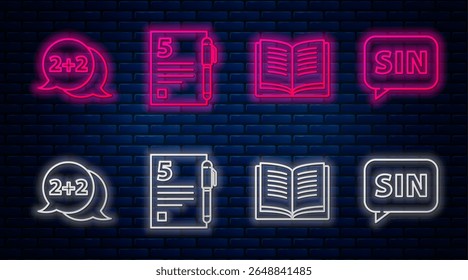 Definir linha Livro aberto, solução de equações, figura geométrica Cone e cérebro humano. Ícone de néon brilhante na parede de tijolos. Vetor