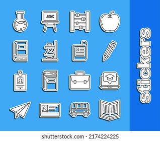 Línea Abrir libro, tapón de graduación en la pantalla portátil, Lápiz con borrador, Abacus, Fuego del tubo de prueba de vidrio, Libro, Prueba y laboratorio químico e icono Documento. Vector