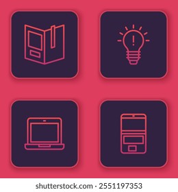 Set line Open book, Laptop, Light bulb with concept of idea and . Blue square button. Vector