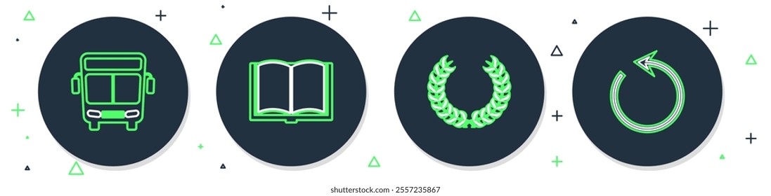 Set line Open book, Laurel wreath, Bus and Refresh icon. Vector