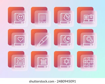 Set line Open book, Law, Holy of Koran, Jewish torah, Fountain nib, Book and E-Book reader icon. Vector