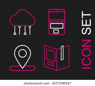 Set line Open book, Location, Laptop and Network cloud connection icon. Vector