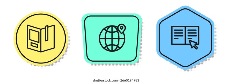 Set line Open book, Location on the globe and Online. Colored shapes. Vector