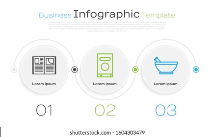 Set line Open book, Book and Mortar and pestle. Business infographic template. Vector