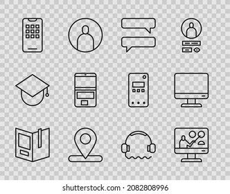 Set line Open book, Online education, Speech bubble chat, Location, Mobile phone, Laptop, Headphones and Computer monitor screen icon. Vector