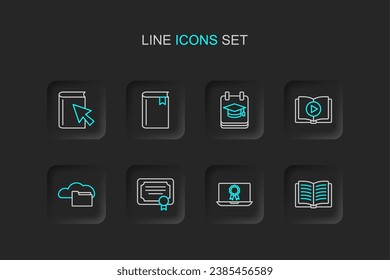 Set line Open book, Online education with diploma, Certificate template, Cloud or online library, Audio, Book and  icon. Vector