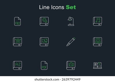 Set line Open book, Photo album gallery, PDF file document, Translator, User manual, Pencil with eraser, Book about geometry and Ancient magic icon. Vector