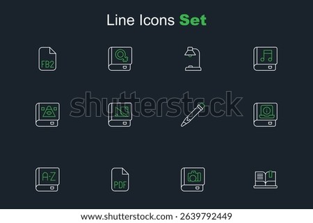 Set line Open book, Photo album gallery, PDF file document, Translator, User manual, Pencil with eraser, Book about geometry and Ancient magic icon. Vector
