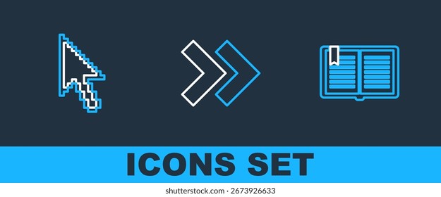 Establecer línea Abrir libro, cursor de flecha de píxeles e icono de flecha. Vector