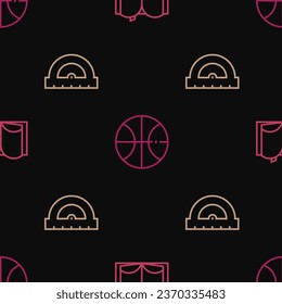 Fijar la línea Libro abierto, Protractor y Baloncesto en un patrón sin fisuras. Vector