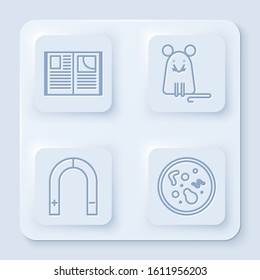 Set line Open book, Rat, Magnet and Bacteria. White square button. Vector