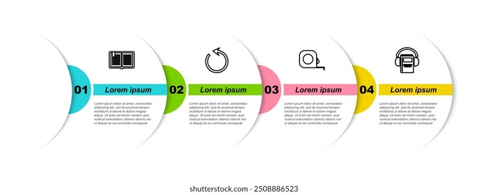 Set line Open book, Refresh, Roulette construction and Audio. Business infographic template. Vector