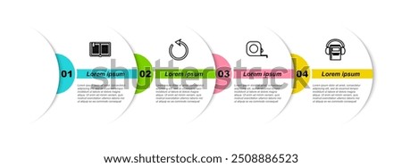 Set line Open book, Refresh, Roulette construction and Audio. Business infographic template. Vector