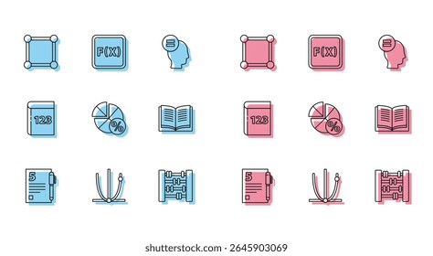Set line Open book, Ringing bell, Chalkboard with diagram, Graph, schedule, chart,, Equation solution, Test or exam sheet and and  icon. Vector