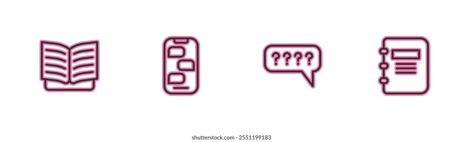 Abra el libro, las burbujas de voz con la pregunta, la notificación de los mensajes de chat Nuevos y el icono del cuaderno. Vector