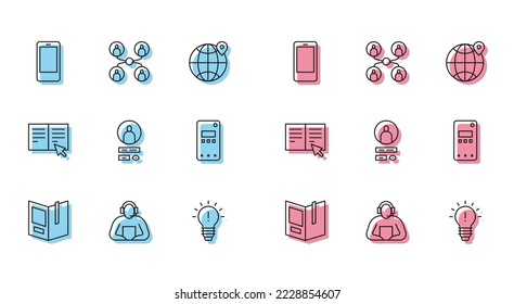 Set line Open book, Student, Mobile phone, Light bulb with concept of idea, Create account screen, Online and class icon. Vector