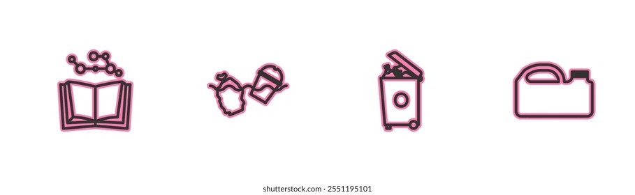 Set line Open book, Trash can, Problem pollution of the ocean and Canister for machine oil icon. Vector