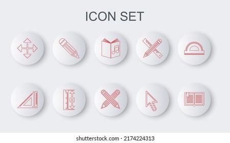 Set line Open book, Triangular ruler, Audio, Pixel arrow cursor, arrows in four directions, Pencil, Measuring height and length and Crossed pencil icon. Vector