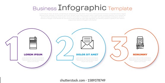 Set line Open cigarettes pack box , Envelope with invitation card  and Karaoke . Business infographic template. Vector