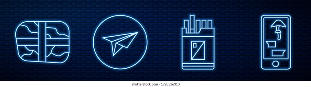 Set Line Open Cigarettes Pack Box, Package With Cocaine, Messenger And Buying Drugs Online On Phone. Glowing Neon Icon On Brick Wall. Vector