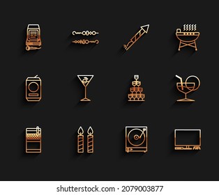Set line Open cigarettes pack box, Birthday cake candles, Karaoke, Vinyl player with vinyl disk, Video game console, Martini glass,  and Wine glasses stacked pyramid tower icon. Vector