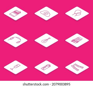 Set line Open cigarettes pack box, Music streaming service, Balloons with ribbon, Headphones, Guitar, Karaoke, Glass of champagne and Lighter icon. Vector