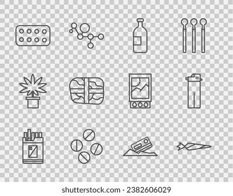 Línea Abierto cajón de cigarrillos, Junta de marihuana, Frasco de alcohol, pastillas o píldoras medicinales, Blister de píldoras, Paquete con cocaína, Cocaína y tarjeta de crédito e icono más ligero. Vector
