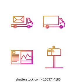 Set line Open mail box , Postcard , Post truck  and Delivery cargo truck vehicle . Gradient color icons. Vector