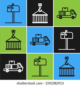Set line Open mail box , Delivery truck with cardboard boxes and Container on crane icon. Vector