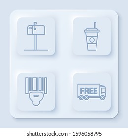 Set line Open mail box , Coffee cup , Scanner scanning bar code  and Free delivery service . White square button. Vector