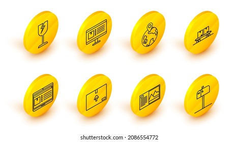 Set line Open mail box, Postcard, Cardboard with traffic symbol, Laptop app delivery tracking, Railway carriage, Worldwide, Computer monitor and Fragile broken glass icon. Vector