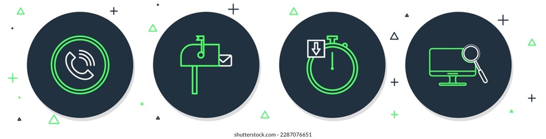 Establecer línea Abrir cuadro de correo, Stopwatch, Llamada telefónica e icono de diagnóstico del monitor de PC. Vector