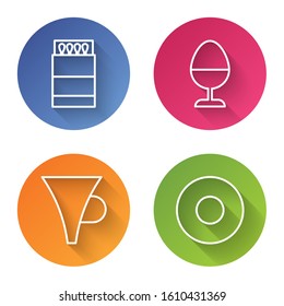 Set line Open matchbox and matches, Chicken egg on a stand, Funnel or filter and Plate. Color circle button. Vector