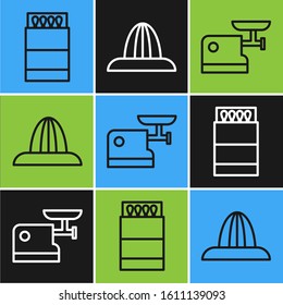 Set line Open matchbox and matches, Kitchen meat grinder and Citrus fruit juicer icon. Vector