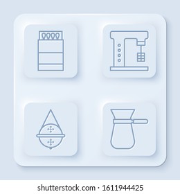 Set line Open matchbox and matches, Electric mixer, Ball tea strainer and Coffee turk. White square button. Vector