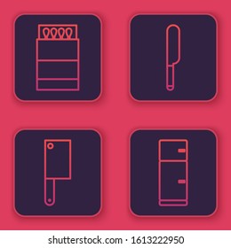 Set line Open matchbox and matches, Meat chopper, Knife and Refrigerator. Blue square button. Vector