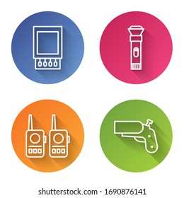 Set line Open matchbox and matches, Flashlight, Walkie talkie and Flare gun pistol. Color circle button. Vector