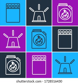 Set line Open matchbox and matches, Canister for flammable liquids and Flasher siren icon. Vector