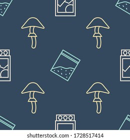 Set line Open matchbox and matches, Psilocybin mushroom and Plastic bag of drug on seamless pattern. Vector
