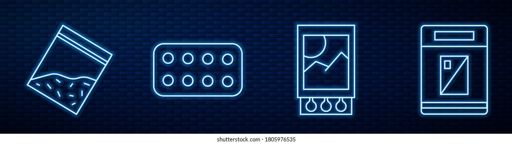 Fijar la línea Abrir la caja y los fósforos, la bolsa de plástico de la droga, las pastillas en el blister y la caja del paquete de cigarrillos. Icono de neón brillante en la pared de ladrillo. Vector
