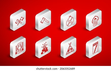 Set line Open matchbox and matches, Wooden axe, Canteen water bottle, Tourist tent, Crossed wooden, Campfire and Rafting boat icon. Vector