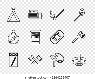 Set line Open matchbox and matches, Head flashlight, Burning with fire, Crossed wooden axe, Tourist tent, Slingshot and Wooden icon. Vector