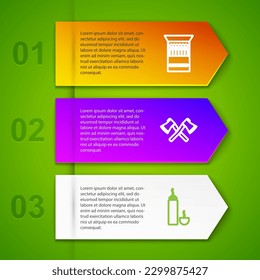 Set line Open matchbox and matches, Crossed wooden axe, Thermos container and Head flashlight. Business infographic template. Vector