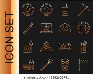 Set line Open matchbox and matches, Fire in burning building, exit, Walkie talkie, Interior fireplace, Cigarette, flame and Firefighter helmet icon. Vector
